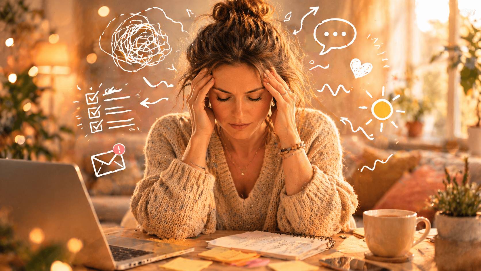 Erschöpfte Frau sitzt mit geschlossenen Augen am Tisch, umgeben von Arbeitsmaterialien, Menschen im Hintergrund und Symbolen für Reizüberflutung.