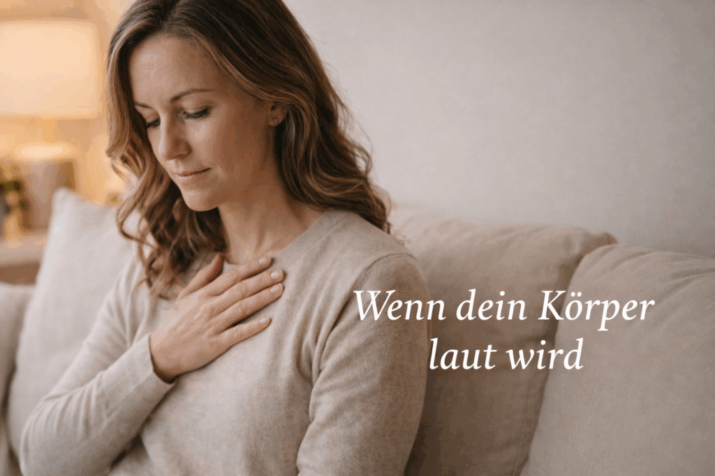 Eine nachdenkliche Frau sitzt in einem hellen Raum mit geschlossenen Augen, legt eine Hand auf ihre Brust und atmet ruhig, als würde sie in ihren Körper hineinspüren – Symbolbild für körperliche Symptome bei Hochsensibilität.
