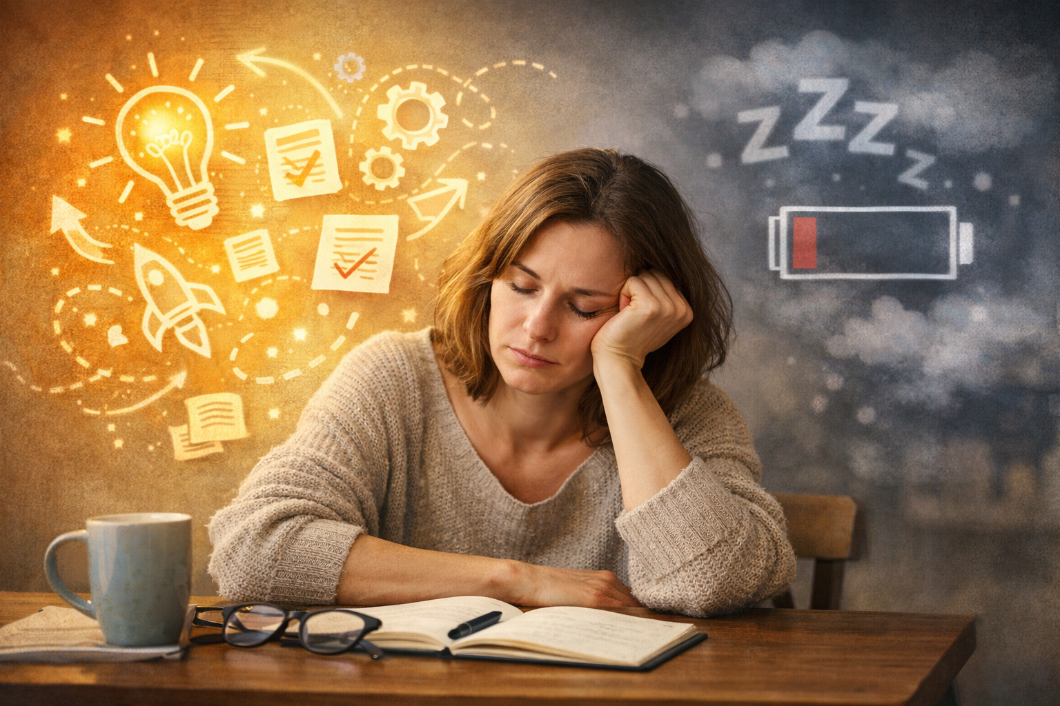 Erschöpfte Frau sitzt nachdenklich am Tisch, während Symbole für Ideenfülle und leere Energie im Hintergrund zu sehen sind.