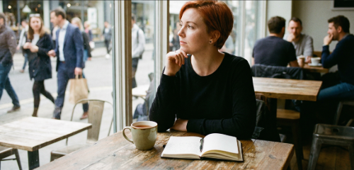 Eine Person sitzt nachdenklich an einem Tisch am Fenster, mit einer Tasse in der Hand. Im Hintergrund sind unscharf andere Menschen zu sehen. Die Person wirkt ruhig, aber innerlich bewegt – als würde sie eine Zurückweisung oder schwierige Nachricht verarbeiten.