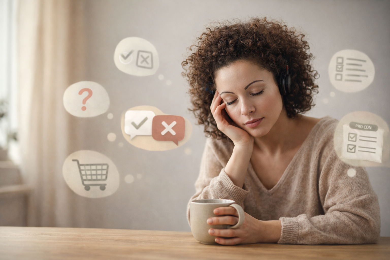 Nachdenkliche Frau sitzt ruhig am Tisch und hält eine Tasse in der Hand – Symbolbild für Entscheidungsmüdigkeit und Reizüberflutung bei Hochsensiblen.