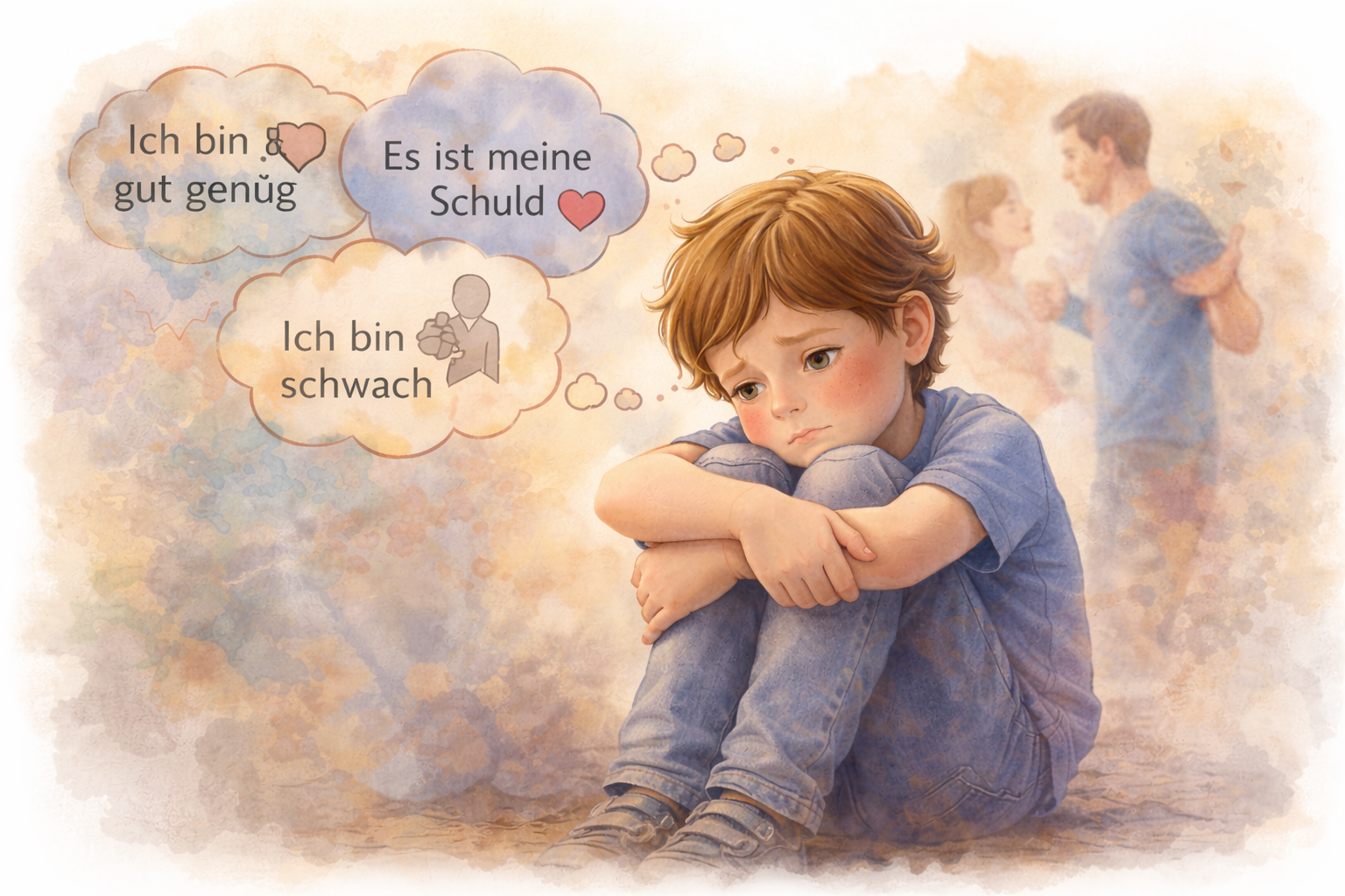 Trauriges Kind mit belastenden Gedanken im Hintergrundkonflikt – Thema Glaubenssätze und hochsensible Kinder.
