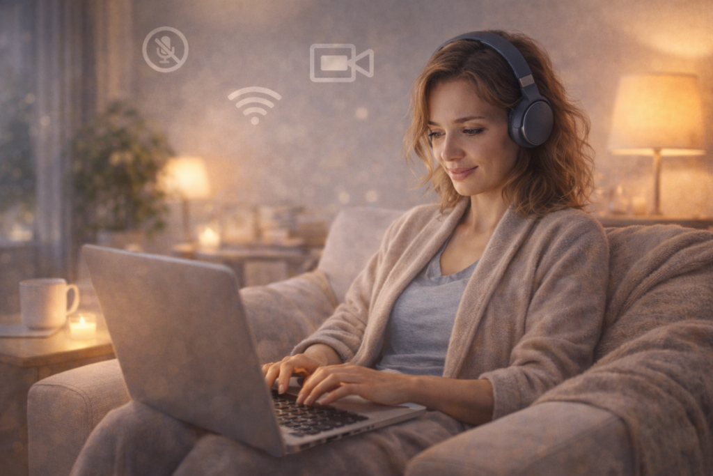 Eine Person arbeitet entspannt am Laptop in einer ruhigen Umgebung; gedämpftes Licht und wenige Reize symbolisieren Homeoffice und Online-Lernen für Hochsensible.