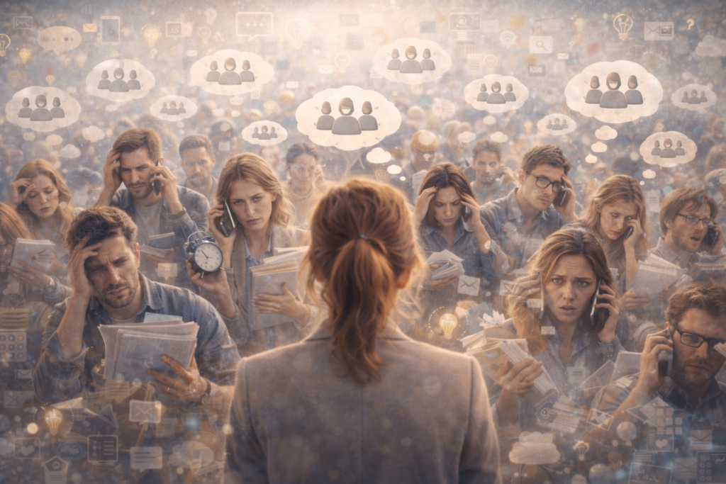 Eine Frau steht vor einer gestressten Menschenmenge; viele telefonieren und halten Papiere, darüber schweben Symbole für Nachrichten, Zeitdruck und Informationsflut.