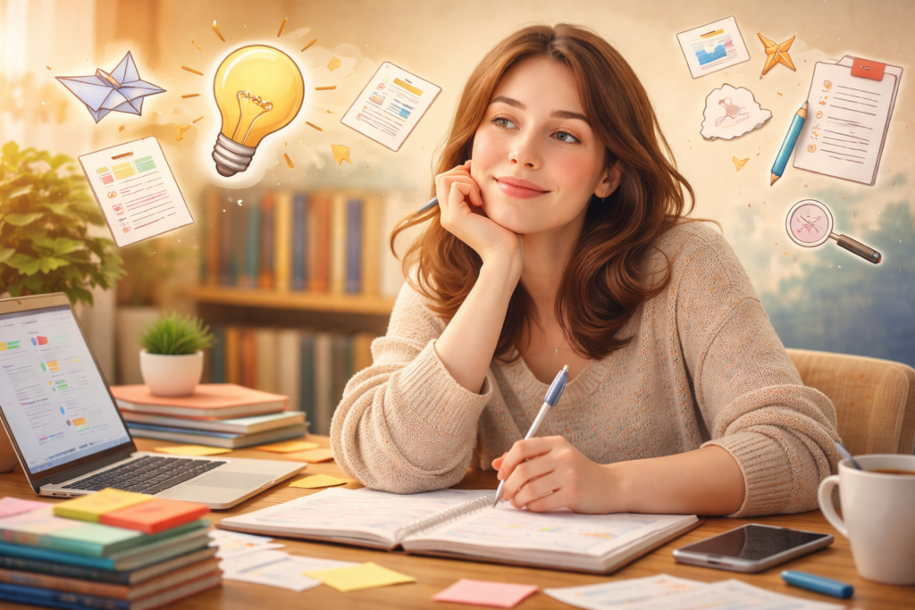 Fotorealistisches Symbolbild einer nachdenklichen Frau am Schreibtisch mit Notizen, Laptop und kreativen Ideen – passend zum Thema hochsensible Scanner-Persönlichkeit.