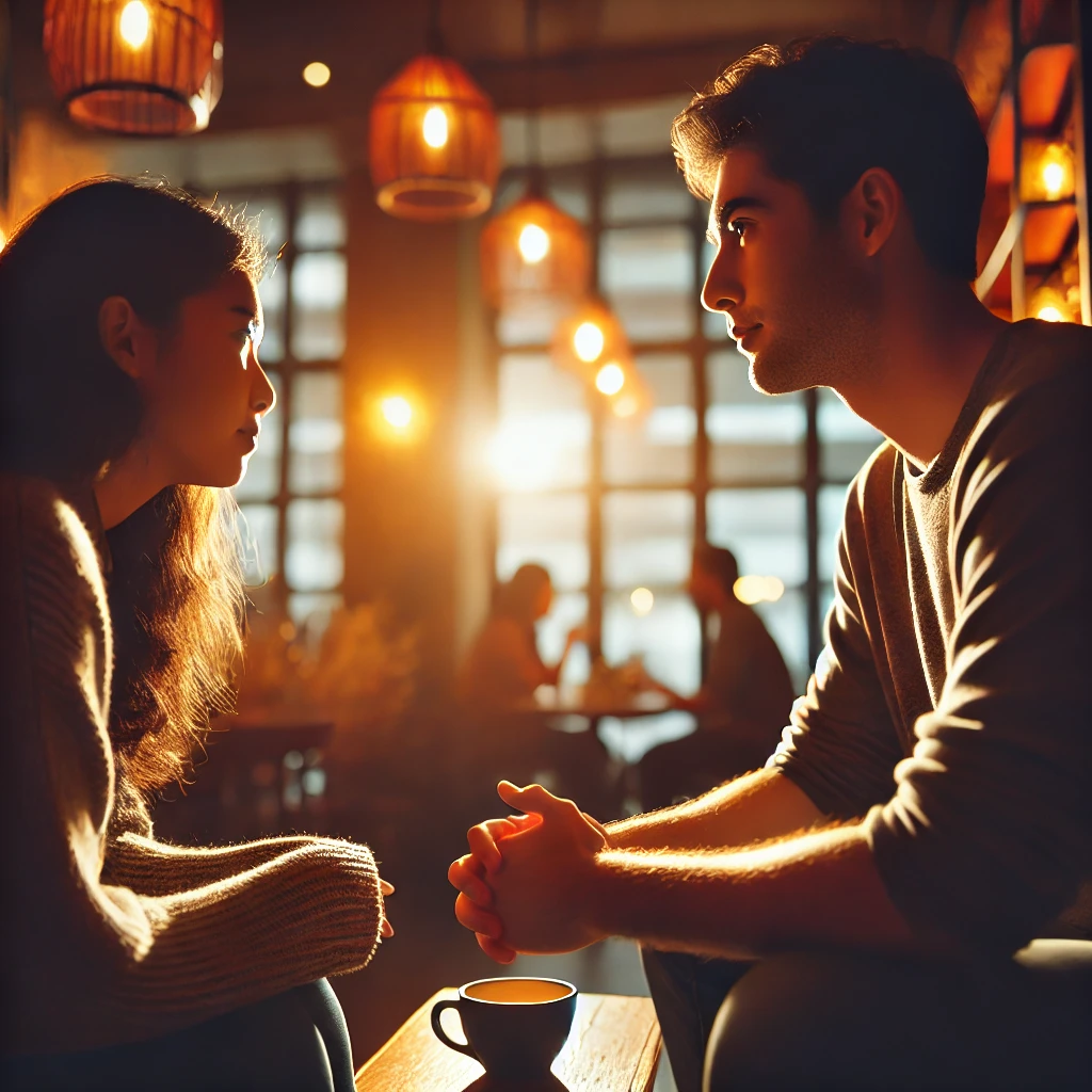 Ein Mann und eine Frau führen ein tiefes Gespräch in einem gemütlichen Café bei warmem Licht.