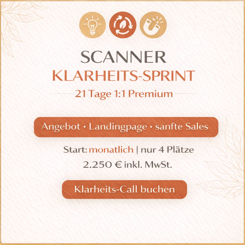Scanner Klarheits-Sprint mit hellem Hintergrund, warmen Icons und dem Text „21 Tage 1:1 Premium“.