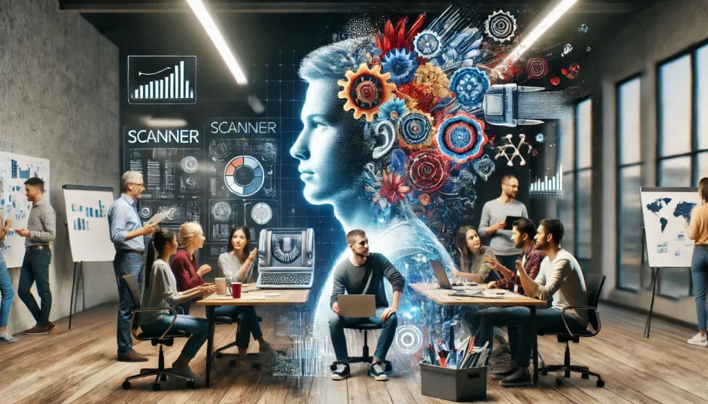 Eine Gruppe von Menschen in einem kreativen Arbeitsraum, die Ideen und Talente teilen, mit einem großen Scanner-Persönlichkeitsbild im Hintergrund.