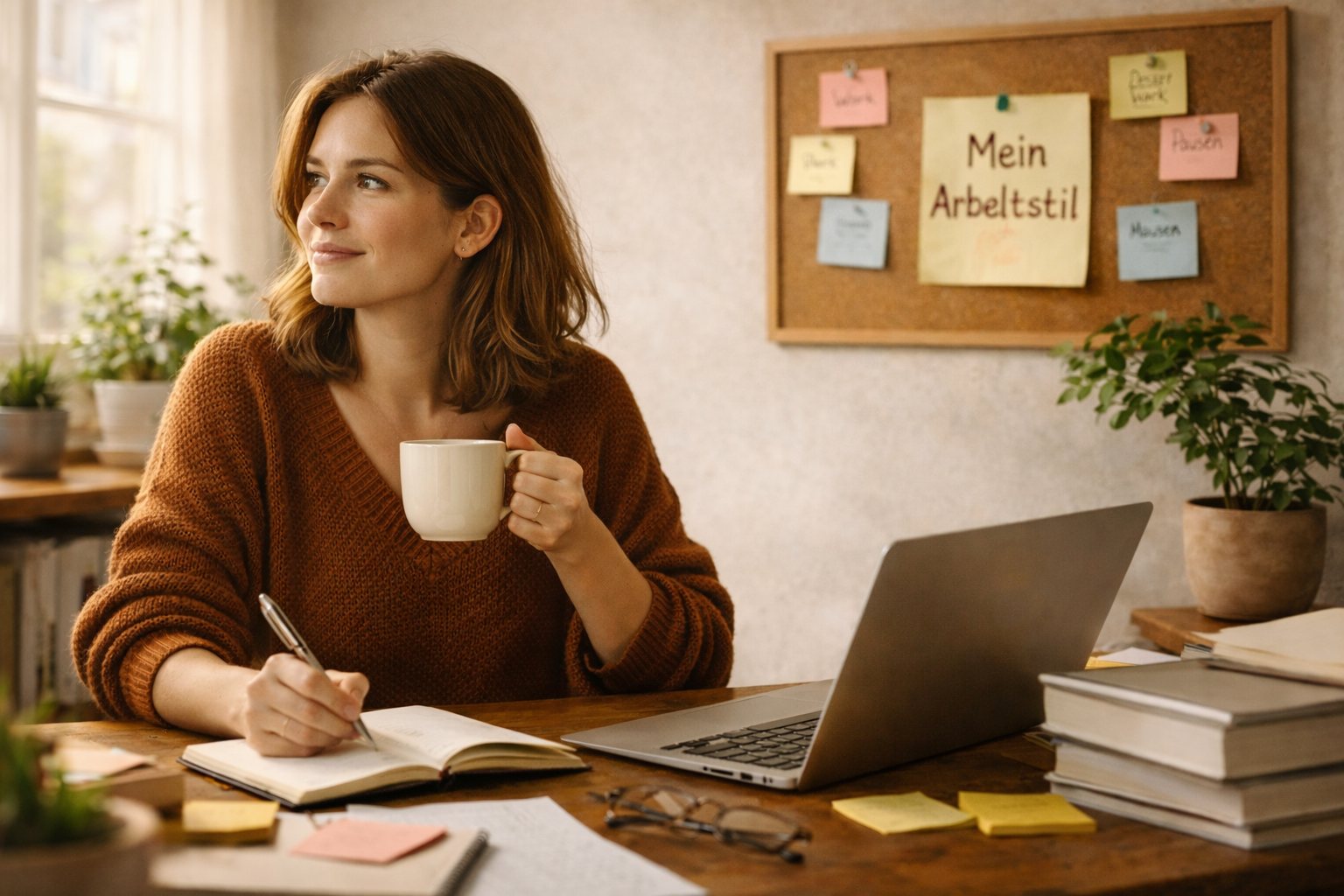 Frau sitzt in einem warmen, ruhigen Homeoffice am Schreibtisch mit Laptop, Notizbuch und Kaffeetasse, schreibt konzentriert und blickt nachdenklich zur Seite; im Hintergrund eine Pinnwand mit Notizen zu Arbeitsstil und Fokus.