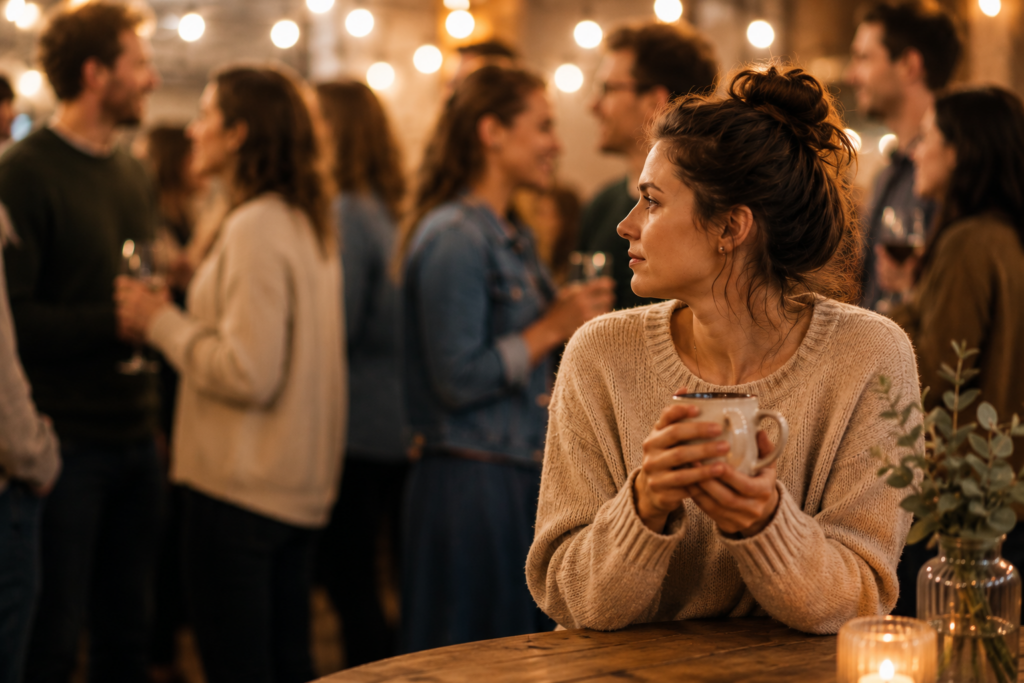Frau sitzt nachdenklich mit einer Tasse in einem belebten Café oder bei einer Veranstaltung, während im Hintergrund Menschen miteinander sprechen. Symbolbild für Otroversion, Hochsensibilität und das Gefühl, Menschen zu mögen, sich aber dennoch oft außerhalb von Gruppen zu fühlen.
