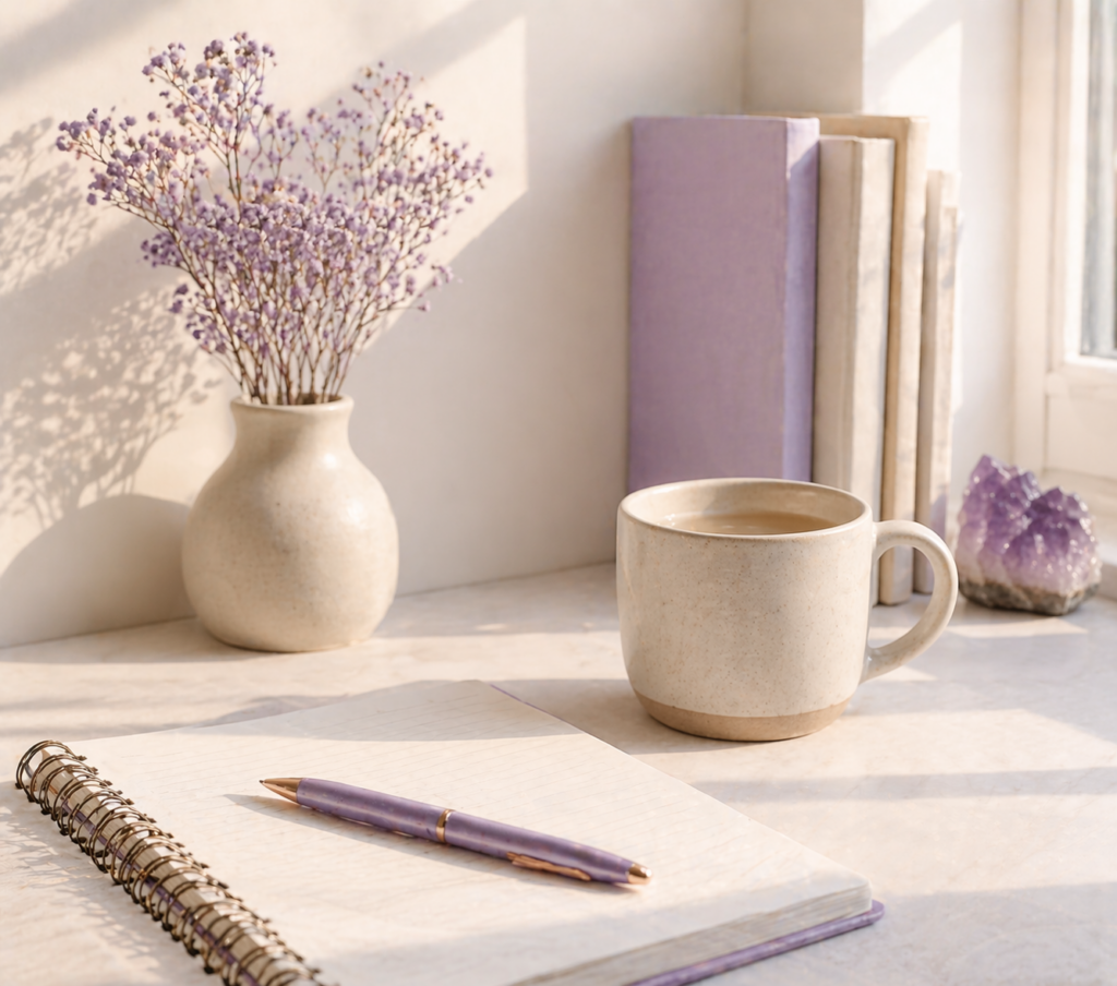 Minimalistische Szene mit aufgeräumtem Arbeitsplatz, Notizbuch und warmem Licht – symbolisiert Klarheit und innere Ordnung.